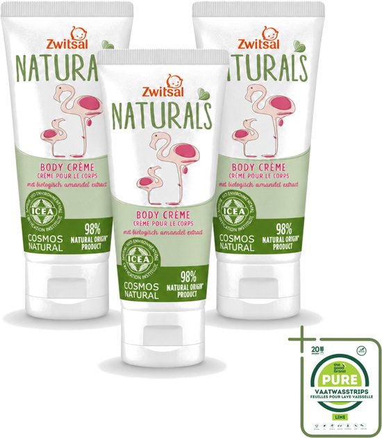 3 x Zwitsal Naturals - Babyverzorging - Body Crème met Amandel Extract - Natuurlijke Ingrediënten - 100 ml - Grootverpakking - Vaatwasstrips - Babyhuid Verzorging - Natuurlijke Crème - Amandelextract - Cacaoboter - Baby Crème