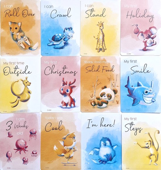 30 Baby Milestone Photo Cards - for Baby's first year - Happy Baby Animal theme - unisex Babyshower gift - A6 size