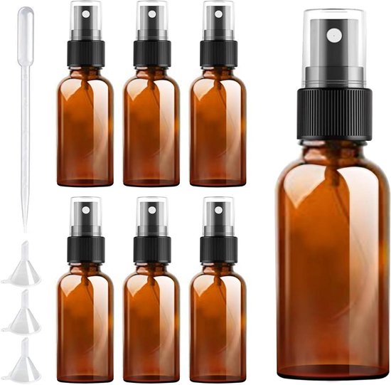 30 ml Amberkleurige Spray Flessen Set - Herbruikbaar - Draagbaar - Met Trechter en Druppelaar - Parfum en Cosmetica - 6 Stuks
