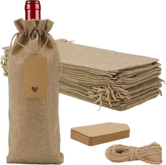 30 Stuks Jute Wijnzakken met Trekkoord, 15 x 35 cm, Cadeauzakjes voor Bruiloften en Feestdagen, Duurzame Flessenverpakkingen voor Kerst en Verjaardagen van Merkloos