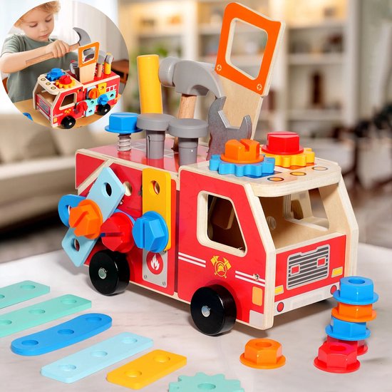 33-delige houten gereedschapsset voor peuters - Gereedschapskist in de vorm van een brandweerwagen, stimuleert de fijne motoriek en praktische vaardigheden, Montessori-speelgoed, geschikt voor jongens en meisjes vanaf 3 jaar van Merkloos