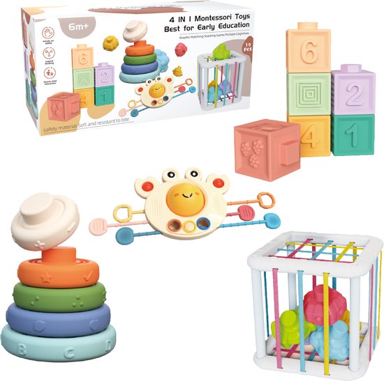 360 Toys® - Baby Speelgoed 6 maanden - 4 in 1 set - Speelgoed 1 Jaar - Stapelstenen - Bijtketting - Trekkoord Baby - Vormenstoof - 0 tot 4 jaar - Babyspeelgoed 0 Jaar - Montessori Speelgoed - Baby Speelgoed van 360 Toys