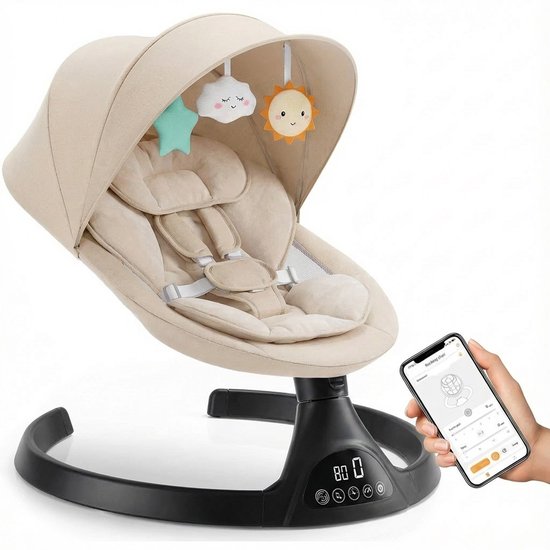 3Babies® Baby Swing – Elektrisch Wipstoel – Babyschommel – Elektrische Schommelstoel baby – Verstelbaar – Wasbare Bekleding – Afstandsbediening en App – Beige en zwart van 3Babies®
