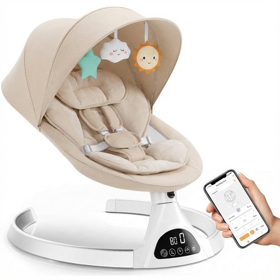 3Babies® Baby Swing - Elektrisch Wipstoel - Babyschommel - Elektrische Schommelstoel baby - Verstelbaar - Wasbare Bekleding - Afstandsbediening en App - Beige van 3Babies®
