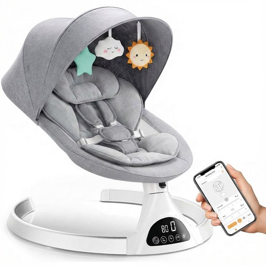 3Babies® Baby Swing – Elektrisch Wipstoel – Babyschommel – Elektrische Schommelstoel baby – Verstelbaar – Wasbare Bekleding – Afstandsbediening en App – Grijs en Wit van 3Babies®