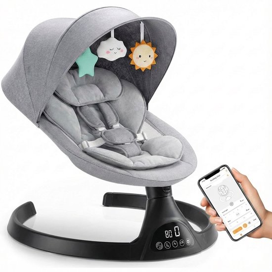 3Babies® Baby Swing - Elektrisch Wipstoel - Babyschommel - Elektrische Schommelstoel baby - Verstelbaar - Wasbare Bekleding - Afstandsbediening en App - Grijs van 3Babies®