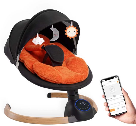 3Babies® Baby Swing – Elektrisch Wipstoel – Babyschommel – Elektrische Schommelstoel baby – Wasbare Bekleding – Afstandsbediening en App – Teddy Materiaal – Oranje en zwart