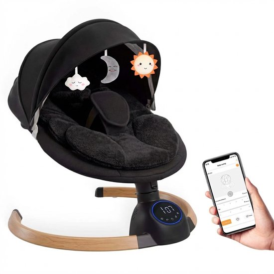 3Babies® Baby Swing – Elektrisch Wipstoel – Babyschommel – Elektrische Schommelstoel baby – Wasbare Bekleding – Afstandsbediening en App – Teddy Materiaal – Zwart van Merkloos