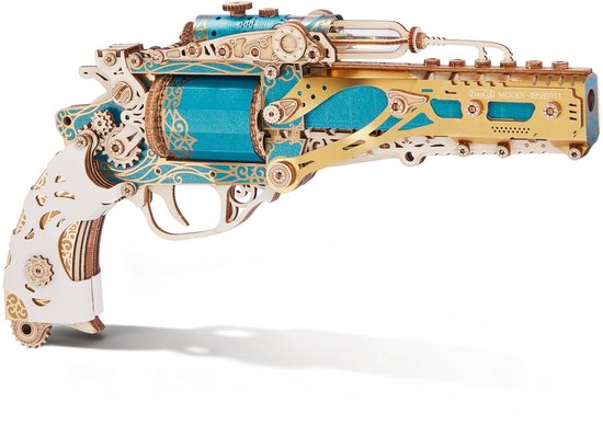 3D houten puzzel stoomrevolver – Steampunk mechanisch revolver DIY bouwpakket, uniek creatief cadeau voor volwassenen en tieners (Blauw)