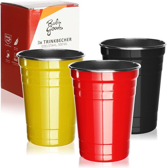 3x RVS drinkbekers zwart, rood, geel - hoogwaardige bekers 500 ml - campingbekers - breukvast en BPA-vrij (03 stuks - zwart/rood/geel) van MamboCat