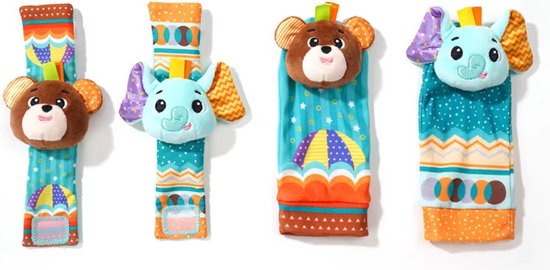 4-Delig Baby Rammelaar Set - Sokjes en Armbanden - Beer en Olifant van $