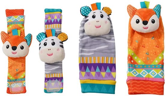 4-Delig Baby Rammelaar Set - Sokjes en Armbanden - Vosje en Zebra van $