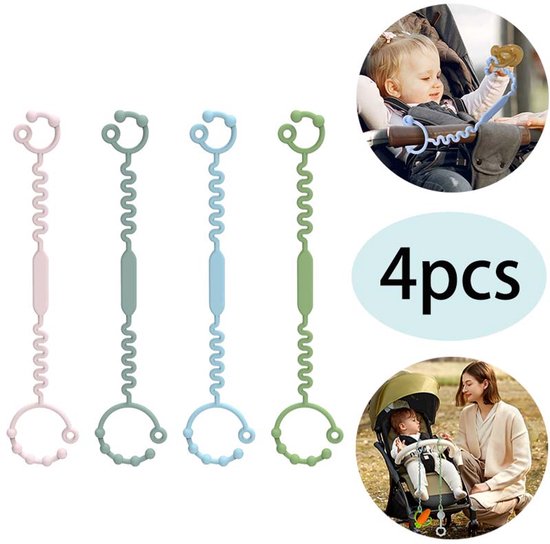 4-delig Set Siliconen Baby Speelgoed Bevestigingsbanden - Verstelbare Riem tegen Verlies van Fopspeen en Drinkbeker - Geschikt voor Kinderwagen, Wipstoel en Bijtring (Lichtroze, Lichtblauw, Lichtgroen, Grijs) van Odoxia