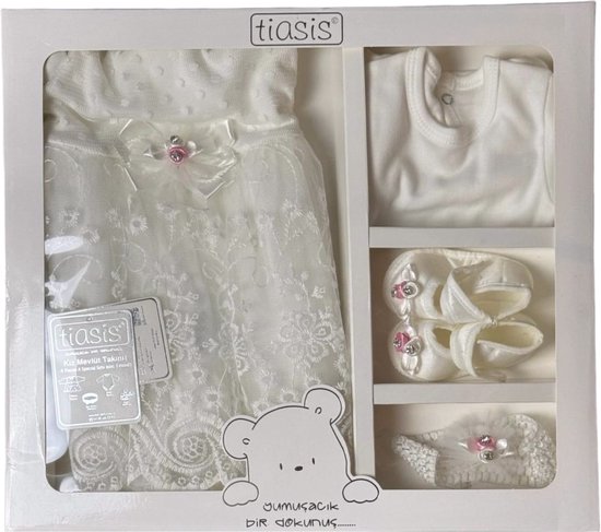 4-delige Babygeschenksetje met jurk, romper, hoofdband en schoentjes in de kleur wit en in de maat 0 tot en met 3 maanden jaar oud van C&A