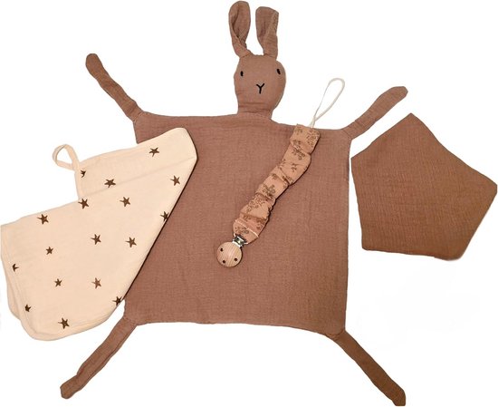 4-in-1 Baby Cadeauset: Knuffeldoek, Slabbetje, Mousseline en Fopspeenhouder van Katoen
