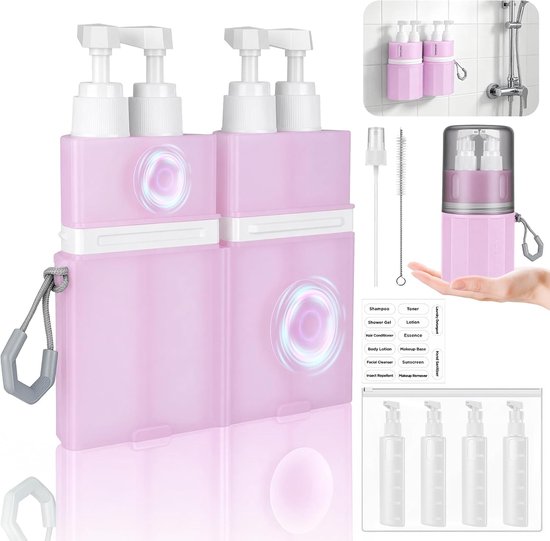 4-in-1 reisdispenser, navulbare reisflessenset, lekvrij, met zuignap voor gladde muren, reisflessen voor toiletartikelen, draagbaar voor zakenvluchten, reizen, sportschool (roze)