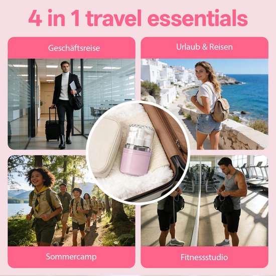 4-in-1 reisflessen om te vullen, reisgadgets, vliegtuig, 50 ml, pompdispenser met labelstickers, Travel Essentials reisset, stabiel, waterdicht, lekvrij, voor reizen, kantoor (roze)