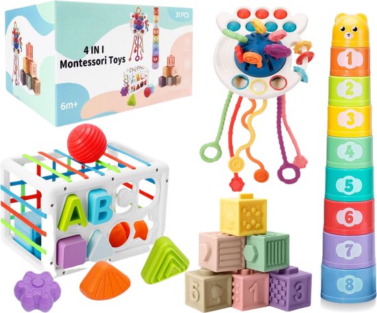 4 in 1 Speelgoed Set - Montessori Speelgoed - Speelgoed - Baby Speelgoed - Baby Speelgoed 6 maanden - Educatief Speelgoed -Speelgoed 1 Jaar - Kinderspeelgoed - Stapeltoren - Activiteitenset