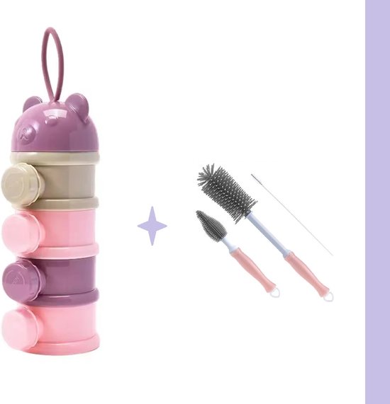 4-Laags Baby Melkpoedertoren - fruit toren + Roze Flessenborstel - Roze