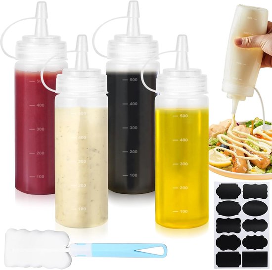 4 Pcs Squeeze Bottles - 500ml Squeeze Bottle met Caps - 16oz Sauce Bottle - Non-Leaking Spice Bottles met Cleaning Brush voor Ketchup - Hot Sauce - Olive Oil - Mustard - Schilderen - Pigment
