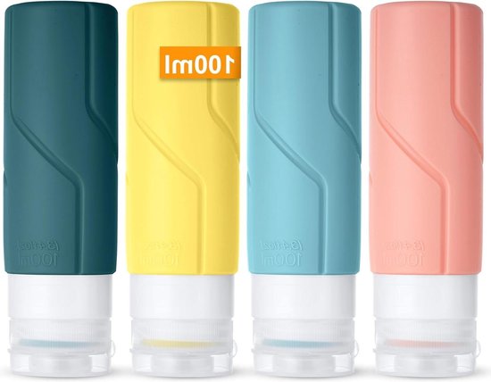 4-Piece Travel Bottle - Waterproof Silicone Travel Bottle 100 ml - Small Empty Bottle for Shampoo Lotion - Shower Gel Cream Cosmetics - BPA-Free Leak-Proof van Valira