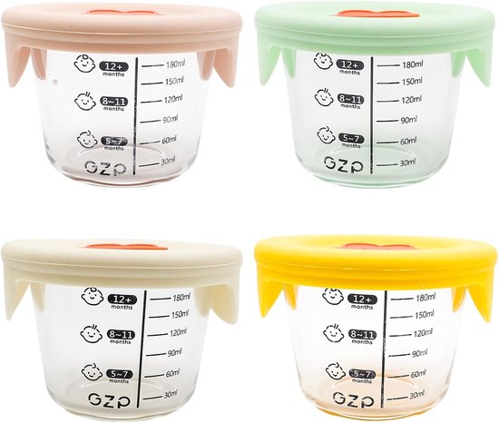 4 pieces baby porridge container - 180 ml glass freezing - with measuring scale - silicone lid for storing baby food and fruit