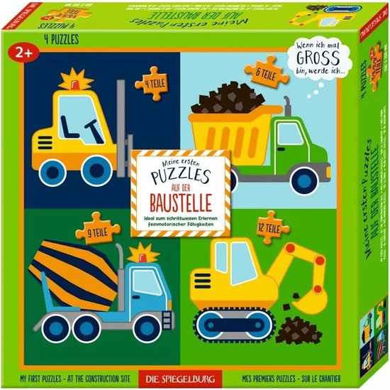 4 puzzels, bouwplaats (graafmachine - heftruck - cementwagen - kiepwagen) - Die Spiegelburg van Die Spiegelburg