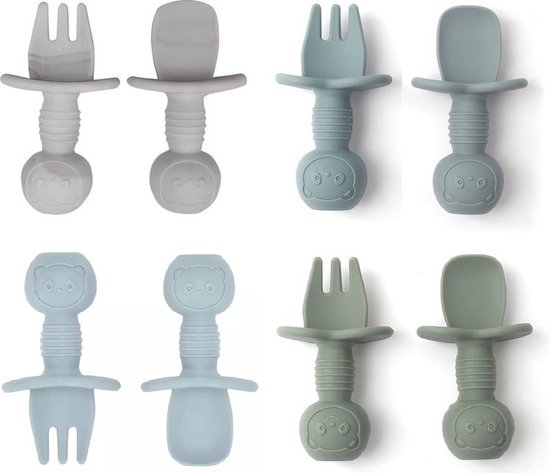 4 Setjes - Siliconen Babybestek - Vork en Lepel - Kinderbestekset Beertjes - Groen Blauw van Merkloos