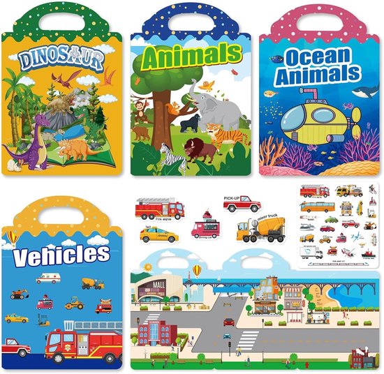 4 sets herbruikbare stickerboeken voor peuters van 1-3 jaar, gelei-stickerboeken voor peuters van 2-4 jaar, reisspeelgoed voor peuters van 2, 3 en 4 jaar (meisjes en jongens) - Kinderboeken over vervoer, dinosaurussen, de oceaan en dieren. van Merkloos