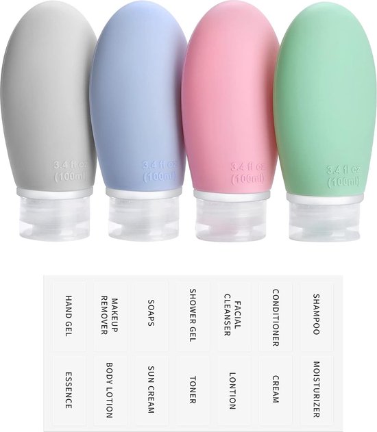 4 stuks 100 ml siliconen reisflesjes set met etiketten, lekvrij, navulbare lege reisformaat, reisflessen om te vullen, cosmetica, shampoo, vloeistoffen, BPA-vrij en TSA-getest