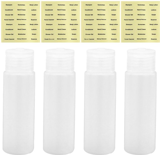 4 stuks 50 ml reisflessen, leeg, navulbare knijpflessen met klapsluiting, transparante kunststof flessen voor make-up, douchegel, toiletartikelen, met 4 etiketten