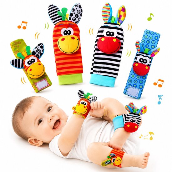 4 Stuks Baby Rammelaar - Rammelaar Sokjes en Armbandjes - Pols en Voetrammelaar - Speel en Voetzoeker Sokken - Baby Sokjes - Pluche Knuffels - Rammelaar - Belletjes