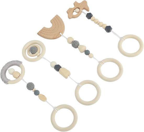 4 Stuks Baby Speelgoed - Tandgel Speelgoed - Hanger Spel Boog - Kinderwagen Speelgoed - Houten Speelgoed Voor Jongens En Meisjes - Grijs van Little Dutch