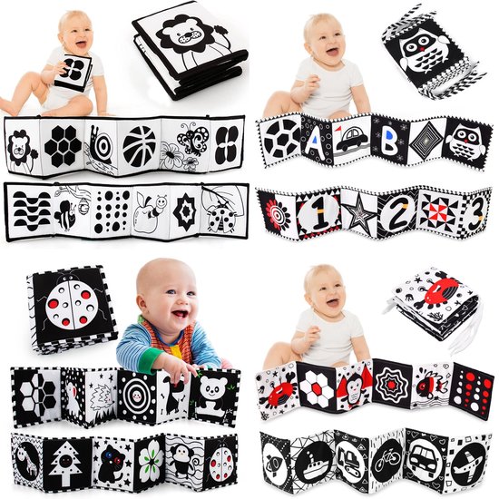 4 Stuks Babydoekjes - Voelboekje - Knisperboekje - Baby Boekje 0 - 6 Maanden - Babyboekje Zwart Wit - Baby Boekje Zwart Wit - Babyboekje Zacht - Baby Boekje Contrast ( Leeuw + Uil + Lieveheersbeestje + Krab) van Eenhoorn KidsCards