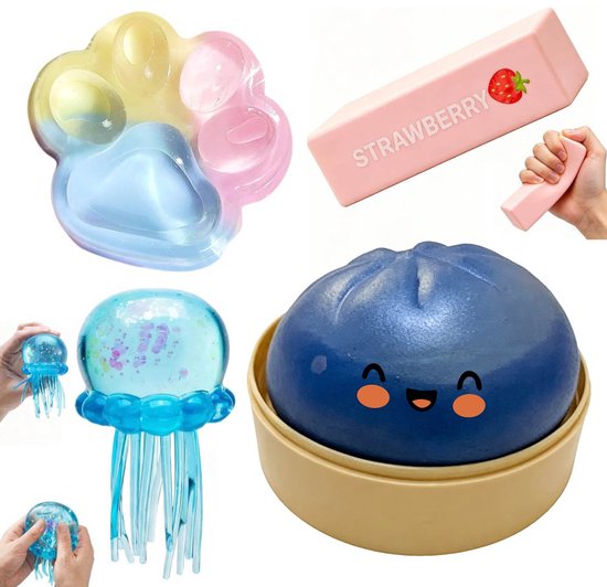 4 Stuks -Blauw Dumpling squishy speelgoed -Kattenpoot-vormige squishy -Roze botervormige squishy -Blauwe kwallenvormige squishy -voor kinderen en volwassenen, stressbal-stressvermindering-speelgoed voor verjaardagsfeesten van Merkloos