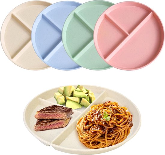 4 stuks gedeelde borden met onderverdeling, 20 cm borden met onderverdeling, onbreekbare portie controleborden, gedeelde eetborden, onderverdeeld voor volwassenen en kinderen van Gsinodrs
