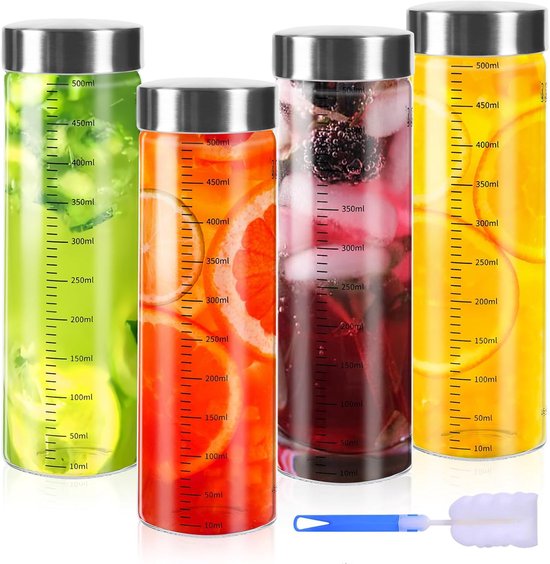 4 stuks Glazen Flessen 500ml met RVS Deksel en Borstel - Schaalflessen voor Sap, Smoothie, Melk - PromoHome