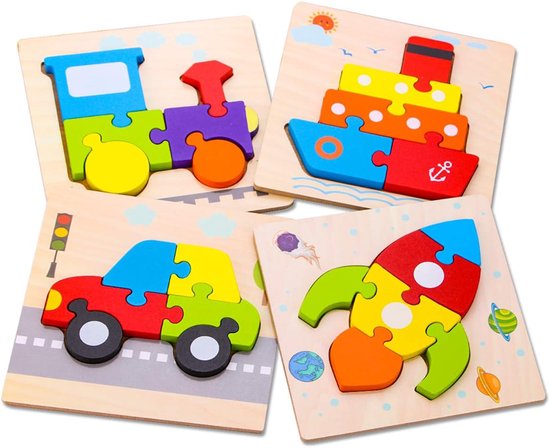 4 stuks houten peuterpuzzels voor jongens en meisjes van 1, 2 en 3 jaar, voertuigen Montessori speelgoed, leerzame puzzels met heldere, levendige kleuren en vormen, educatief speelgoedcadeau voor baby's van Merkloos