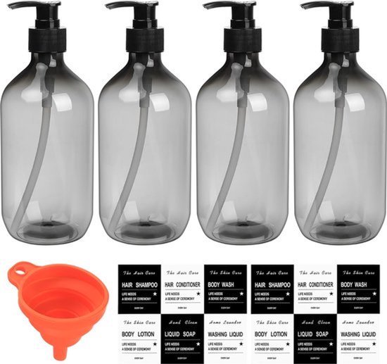 4 stuks navulbare lege shampooflessen, 500 ml zeepdispenserflessen, kunststof pompflessen, lotiondispenser voor vloeibare zeep, shampoo, conditioner, douchegel, stickers (transparant zwart)