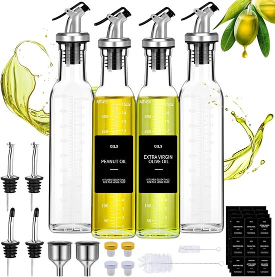 4 Stuks Olijfolie Dispenser Fles,500 ML Olie en Azijn Dispenser,Oliedispenser voor Keuken,Olijfoliefles met Schenktuit,Zelfklevende Etiketten en Trechter,voor Gereedschap voor Barbecue,Salade