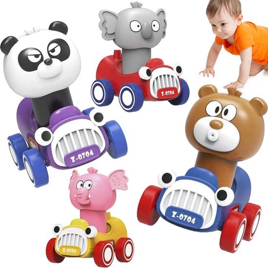 4 stuks Press to Go auto's voor peuters - raceauto's met babydieren - speelvoertuigenset voor baby's - Push Go frictieauto's voor baby's van 6-9-12-18 maanden - cadeaus voor de eerste verjaardag van j