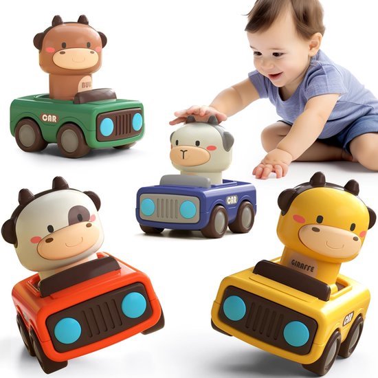 4 stuks Press to Go autospeelgoed voor peuters - Baby Animal Racing Cars - Baby Play Vehicle Set - Baby Push Go Wrijvingsautospeelgoed voor 6-9-12-18 maanden - 1-3 jaar oude jongens van Flintry