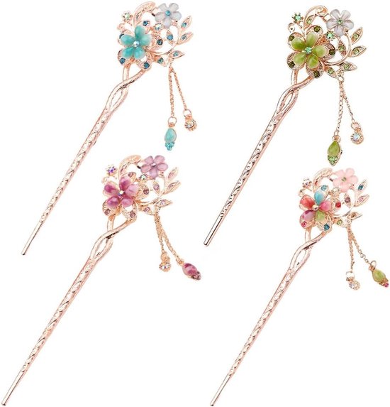 4 stuks retro Chinese bloemen haarstaafjes klassiek decoratief haar met kwastjes voor vrouwen meisjes