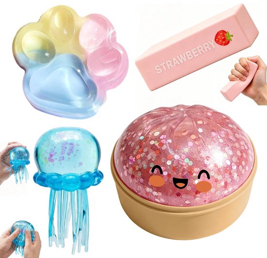 4 Stuks -Roze Dumpling squishy speelgoed -Kattenpoot-vormige squishy -Roze botervormige squishy -Blauwe kwallenvormige squishy -voor kinderen en volwassenen, stressbal-stressvermindering-speelgoed voor verjaardagsfeesten van Merkloos