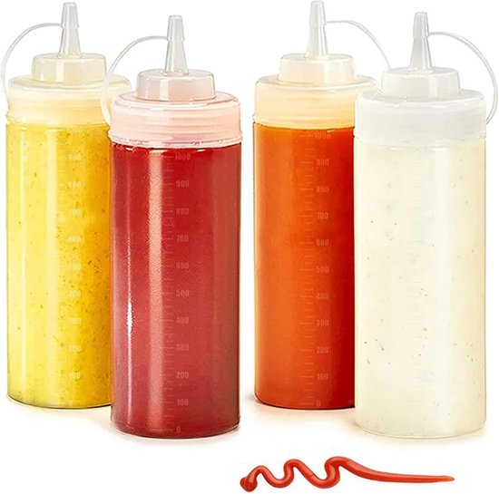 4 stuks sausflessen, 500 ml knijpfles, 16 oz met dop, doseerfles, knijpfles, spuitfles 500 ml, knijpfles voor specerijen, ketchup, mosterd, mayo, olijfolie, helder, schilderen van Nekava