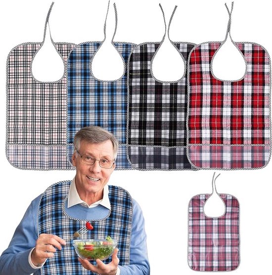 4 Stuks Wasbare Slab Voor Volwassenen - Slabber Waterdicht En Wasbaar - Slab Voor Ouderen - Grote Slabber, Senioren Servet - Gehandicapten Schort - Kwijlslab - Kledingbeschermer - Geruit - 4 Kleuren - 58.5x38cm van Merkloos