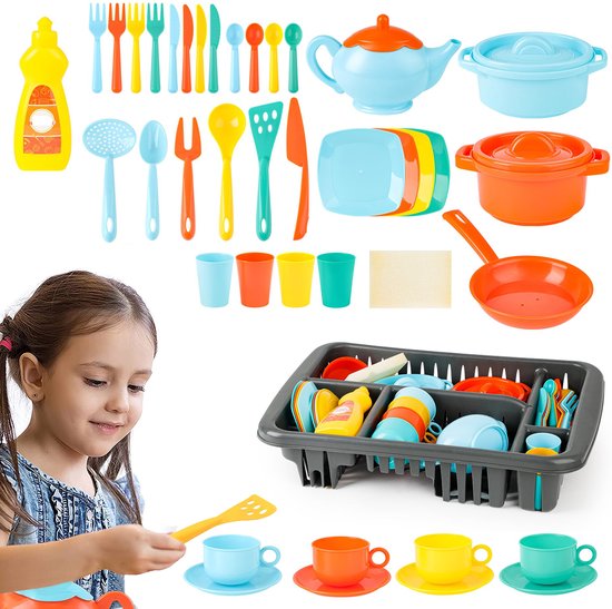40-delige kinderkeukenset met servies - bestek, pannenset en afdruiprek - kookgerei speelgoedkeukenaccessoires voor rollenspel vanaf 3 jaar van Merkloos
