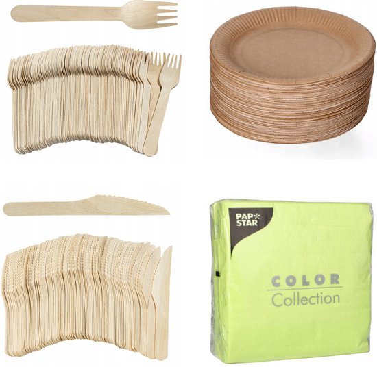 400 x Houten wegwerp bestek set bio/eco/milieubewust - 100 Vorken/ 100 messen/100 borden + 100 bio servetten lime 33x33cm van Merkloos