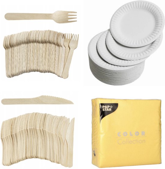 400 x Houten wegwerp bestek set bio/eco/milieubewust - 100 Vorken/ 100 messen/100 witte borden + 100 bio servetten geel 33x33cm van Merkloos