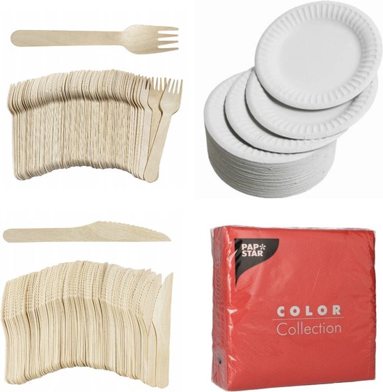 400 x Houten wegwerp bestek set bio/eco/milieubewust - 100 Vorken/ 100 messen/100 witte borden + 100 bio servetten rood 33x33cm van MerkLoes.
